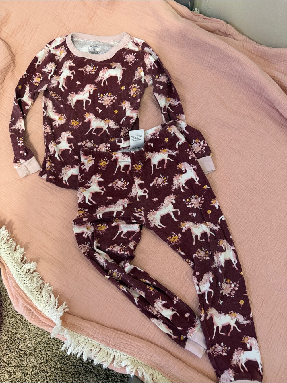 Girls Unicorn Two-Piece Pajama Set in Burgundy with Pink Trim